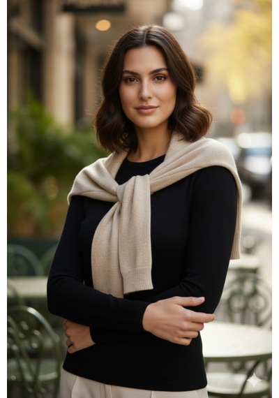 Mollycrush Kadın Ekru Kazak Görünümlü Triko Şal Bağlamalı Şık Model Bej