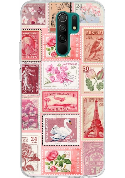 Redmi 9 Uyumlu Pembe Posta Pulları Baskılı Silikon Kılıf Renkli