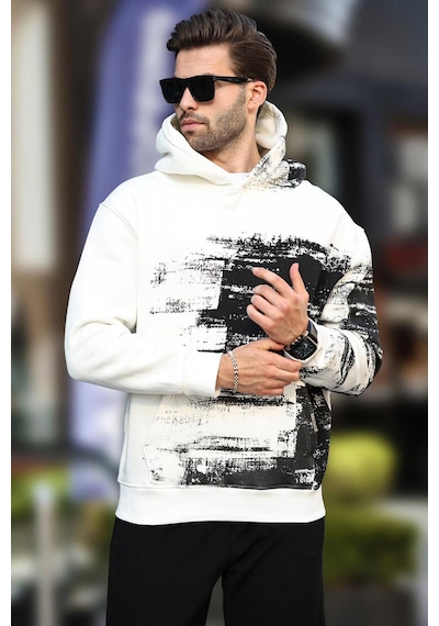 Madmext Ekru Kapüşonlu Desenli Cep Detaylı Erkek Sweatshirt 7059 Ekru