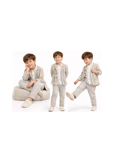 Veraura Lifestyle 1-5 Yaş Müslin Gömlekli Keten 3 Parça Çocuk Takımı Bej