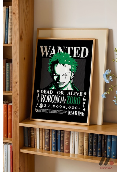 One Piece Zoro Wanted Poster, Ahşap Çerçeveli Duvar Tablosu - Anime Severlere Özel Hediye