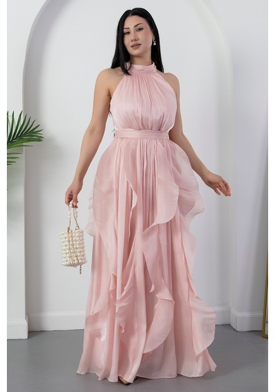 Kalopya Halter Yaka Eteği Fırfırlı Saten Elbise Eli6073 Pembe