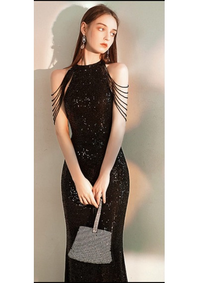 Hanife Glam Couture Hanife Glam Halter Yaka Taş Tasarımlı Pul Payet Abiye Elbise Siyah