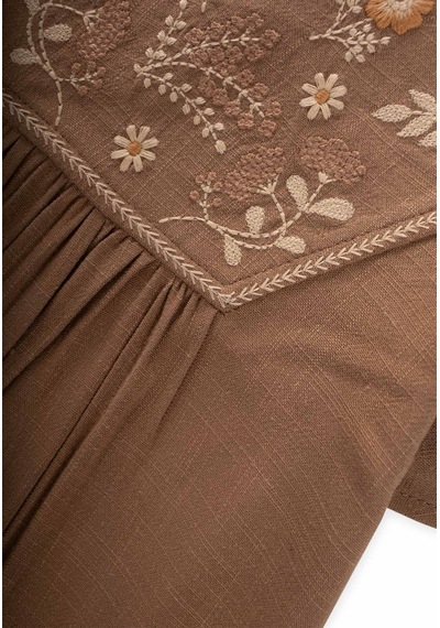 Cigit Robası Nakışlı Keten Elbise 2-7 Yaş Caramel Caramel