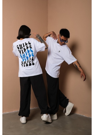Technomonkey Unisex Beyaz Oversize Chill Vibes Baskılı Techno Tişört