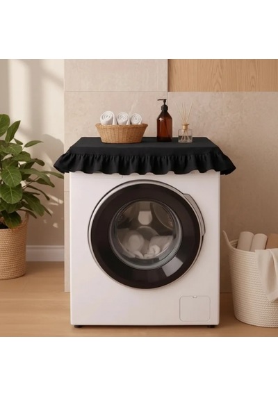 Fırfırlı Çamaşır Makinesi Örtüsü - Çeyizlik Dekoratif Banyo Makine Kılıfı- Siyah