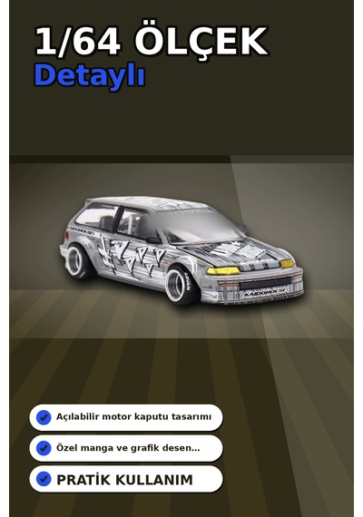 Manga Desenli 1/64 Ölçek Diecast Honda Civic Ef Model Araba - Tekli Rastgele Paket Bx-313375