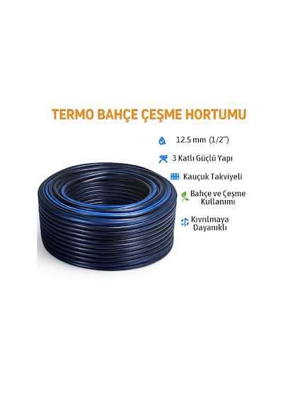 Termo Kauçuklu Bahçe Hortumu 50 Metre Dayanıklı 3 Katlı Sağlam Su Sulama Yıkama Hortum 12.5 Mm 1/2"