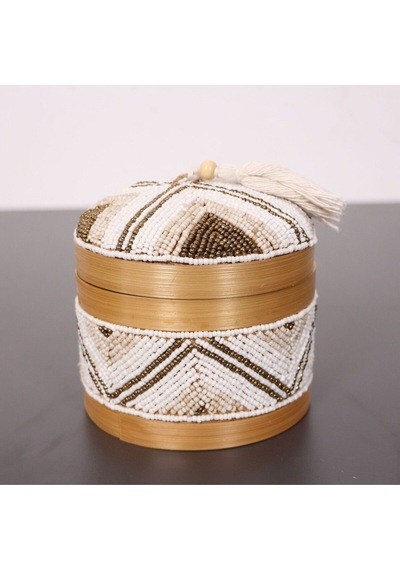 Bali Boncuklu Bambu Saklama Kutusu 12x14 Cm Beyaz
