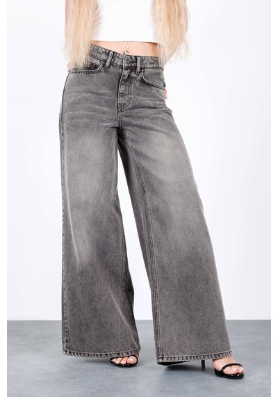 HLT Jeans Gri Kar Kadın Wide Leg Jean %100 Pamuklu Yüksek Bel Palazzo Kot Pantolon Angel-2050 Kar Yıkama
