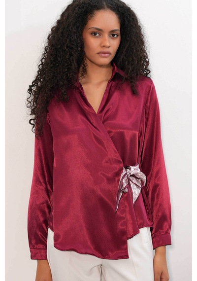 Bigdart Kruvaze Saten Bordo Kadın Gömlek 20386