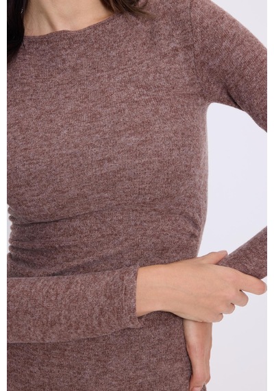 Tudors Kadın Slim Fit Dar Kesim Bisiklet Yaka Kahverengi Elbise-41643 Kahverengi