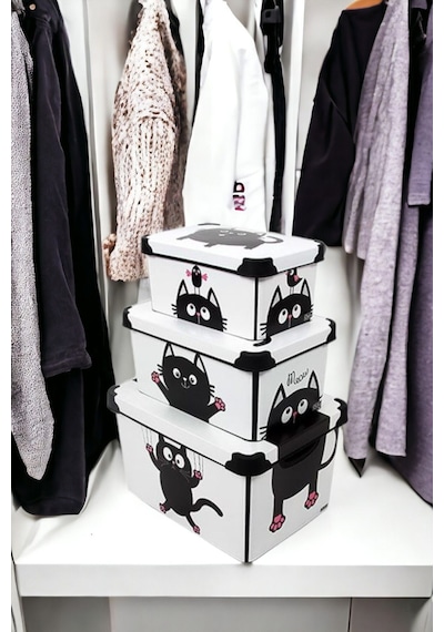 Style Box Meowdesenli 3 Parça Dekoratif Saklama Kutusu Seti Çok Renkli