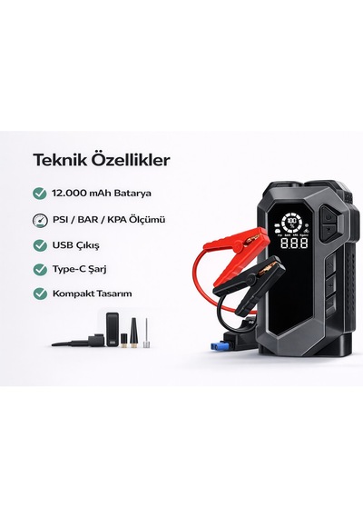Q18b Akü Takviye Cihazı 12000mah Powerbank, Hava Kompresörü Lastik Şişirme 4 Ü 1 Arada Jump Starter