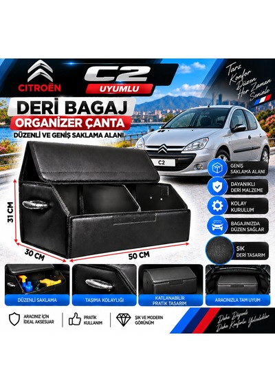 Citroen C2 Uyumlu Oto Bagaj Organizeri Deri Bagaj Kutu Çanta 1