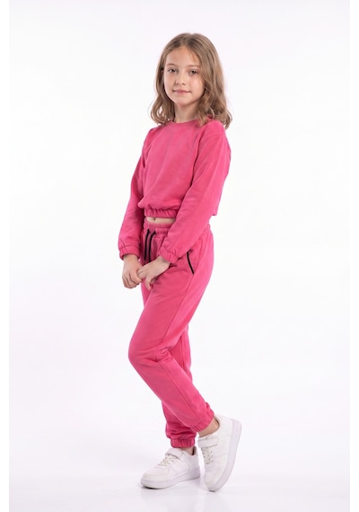 Fyk Kids Kız Çocuk Yuvarlak Yakalı Cep Biye Detaylı Düz Baskısız Paça Lastikli Alt Üst Eşofman Takımı Fuşya