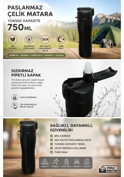 Paslanmaz Çelik Matara Pipetli Sızdırmaz Kapak 750 Ml Siyah