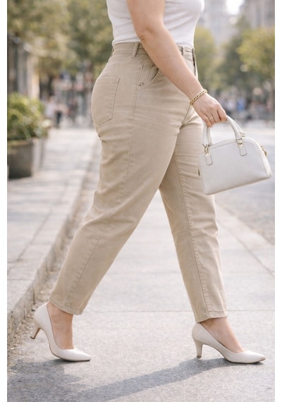 Cedy Denim Mom Fit Jean Büyük Beden Yüksek Bel Carrot Kesim Dar Paça Pileli Esnek Kot Pantolon C600 Bej