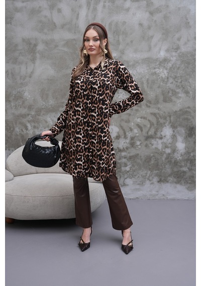 Polologin Butik Leopar Desenli Kahverengi Gömlek Tunik Siyah & Kahverengi