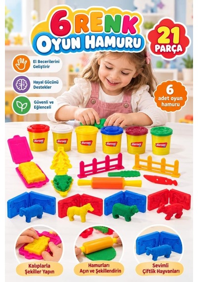 3d Çiftlik Hayvanları Hamuru 21 Parça 6 Renkli Hayvan Kalıplı Ve Aksesuarlı Oyuncak Hamuru Seti Çok Renkli