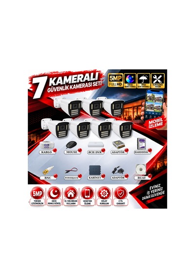 7 Kameralı Güvenlik Kamerası Seti 5mp Yapay Zeka Gece Renkli Görüş 21 Warm Led Ultra Hd 521w