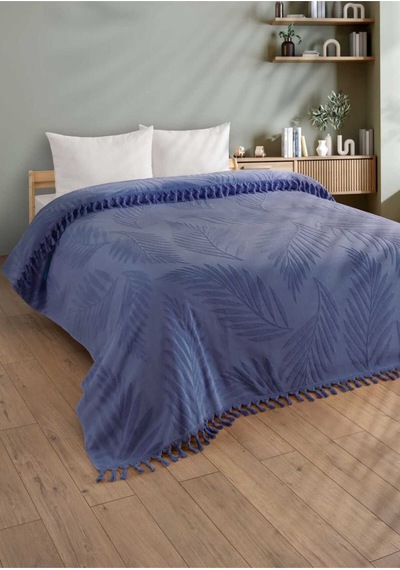 Çift Kişilik Saçaklı Havlu Yatak Örtüsü - %100 Pamuk & Yumuşak & Saçaklı Pike - 220x240 Cm - İndigo İndigo