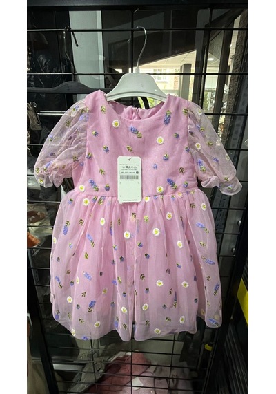 Magu Kız Çocuk Pamuklu Pembe Çiçek Nakışlı Tül Elbise