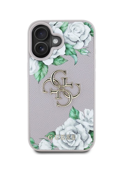 Apple Uyumlu iPhone 16 Kılıf Guess Lisanslı Gül Baskılı Büyük Metal Logo Dizaynlı Kapak Mor