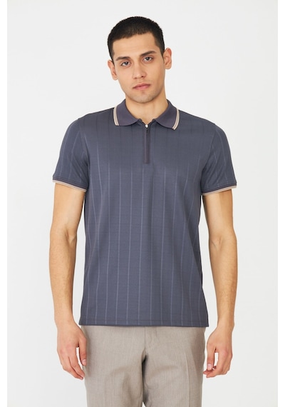 Gri Fermuarlı Polo Yaka Erkek T-shirt Füme
