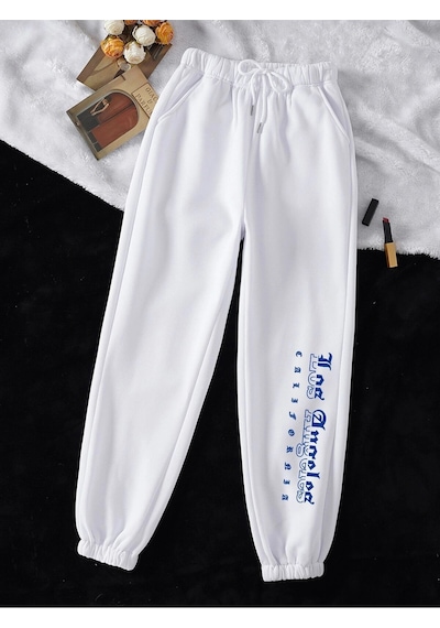 Letter Graphic Drawstring Waist 4 Mevsim Eşofman Beyaz