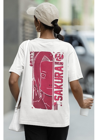 Sevbano Naruto Sakura Haruno Sırt Baskılı Unisex Oversize Anime Tişört Beyaz