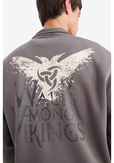 Defacto Vikings Valhalla Boxy Fit Bisiklet Yaka Baskılı Sweatshirt E9324ax25augr206 Gri-gr206