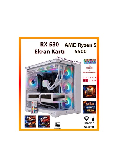 Comloji CMLJ02 R5-5500 16 GB 512 GB SSD RX580 Free Dos Masaüstü Oyuncu Bilgisayarı