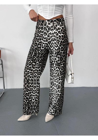 Kadın Kahve-beyaz Leopar Desenli Wide-leg Yüksek Bel Kot Pantolon Denim Kumaş Kahverengi Kadın Kahve-beyaz Leopar Desenli Wide-leg Yüksek Bel Kot Pantolon Denim Kumaş Kahverengi