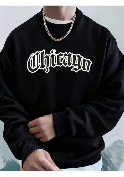 Startmore Tarzsokak Chicago Letter Baskılı Erkek Sweatshirtleri Kışlık Bisiklet Yaka Kapüşonlu Sokak Stili Polar Siyah