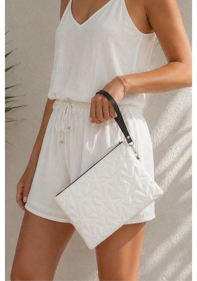 Adelina Bags Yıldız Nakış İşlemeli Portföy El Çantası Bilek Askılı Saten Astarlı Beyaz Clutch Çanta