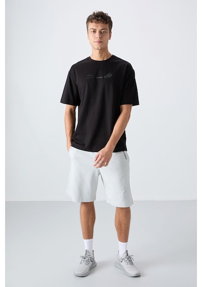 Tommy Life Siyah Pamuklu Kalın Yumuşak Dokulu Oversize Fit Baskılı Erkek T-shirt - 88330 Siyah