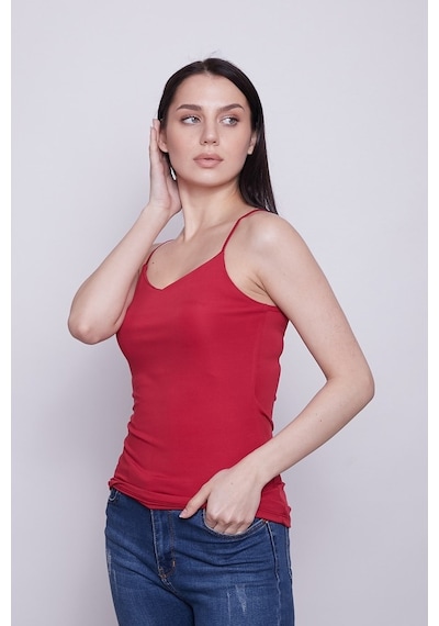 Jument Parlak Kumaş İp Askılı Şık Body-Kırmızı