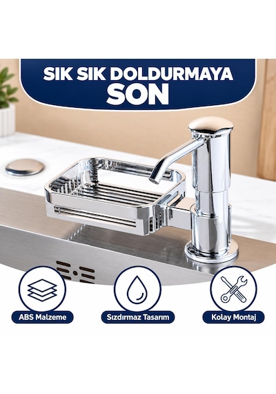 Ankastre Sıvı Sabunluk Pompası Süngerlikli Uzun Hortumlu Krom Mutfak Sabun Dispenseri Gümüş