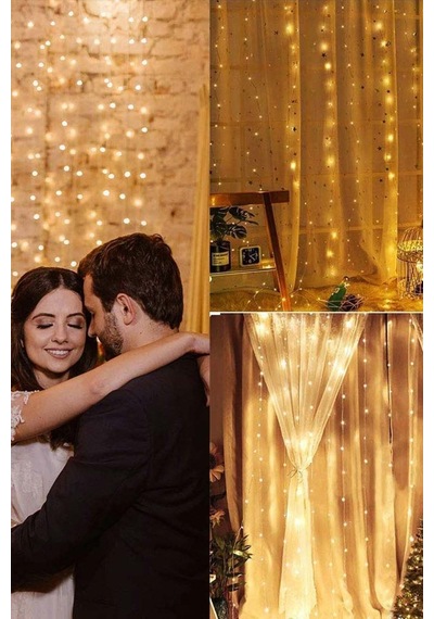 2x2 Metre Usb'li 8 Animasyonlu Uzaktan Kumandalı Gün Işığı Peri Tel Led Perde Sarı