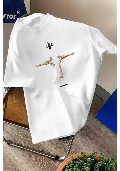 Life Design Minimalist İllüstrasyon Baskılı Unisex Oversize Tişört Beyaz