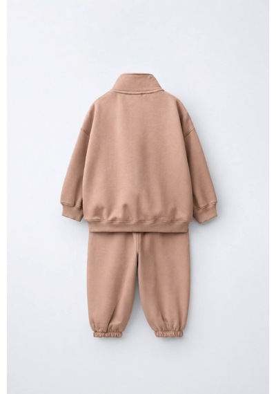 Zuzunga Unisex Çocuk Yarım Fermuarlı Dik Yaka Düz Renk Sweatshirt Ve Eşofman Takımı Bej