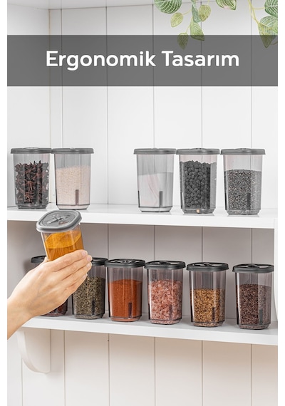 12'li Etiketli Ve Kilitlenebilir Hava Almaz Kapaklı Baharatlık Seti - Baharatlık Gri Antrasit