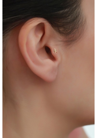 14 Ayar Altın Taşlı Yıldız Tragus Piercing Sarı