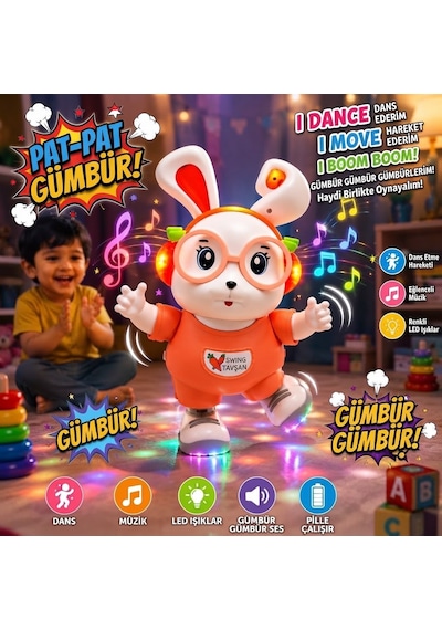 Dans Eden Sevimli Tavşan Elleri Ve Ayakları Haraketli 18 Cm Işıklı Sesli Eğitici Oyuncak Tavşan Pembe