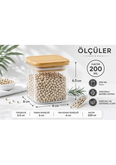 3'lü 200 Ml Bambu Kapaklı Borosilikat Cam Baharatlık Bambu Altlıklı