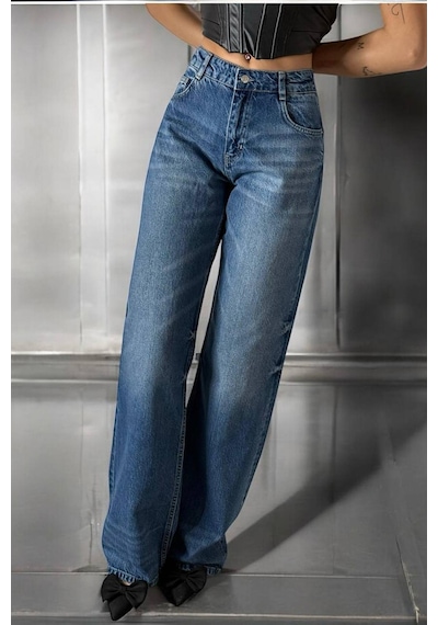 Lacarino 7650 Baggy Flare Kadın Jean Pantolon Blue