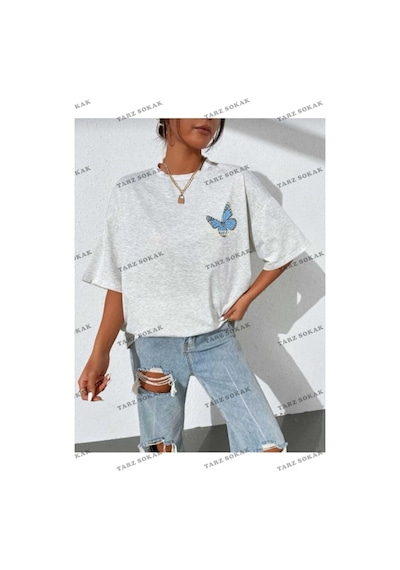 Tarzsokak Kadın Siyah Florıda Baskılı Oversize Penye T-shirt Beyaz