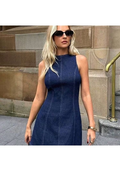 Meleners Kadın Omuzlardan Açık Bisiklet Yaka Kısa Kot Elbise Lacivert
