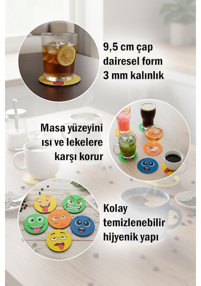 Eğlenceli Emoji Yüzler Baskılı Ahşap Bardak Altlığı Seti 6'lı Kahve & Fincan Altlığı Çok Renkli